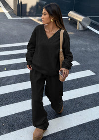 PRETTYGARDEN Casual Winter Two Piece Sets for Women V Neck Sweatshirt Loose Wide Leg Pants Tracksuit Knit Fall Outfits PRETTYGARDEN