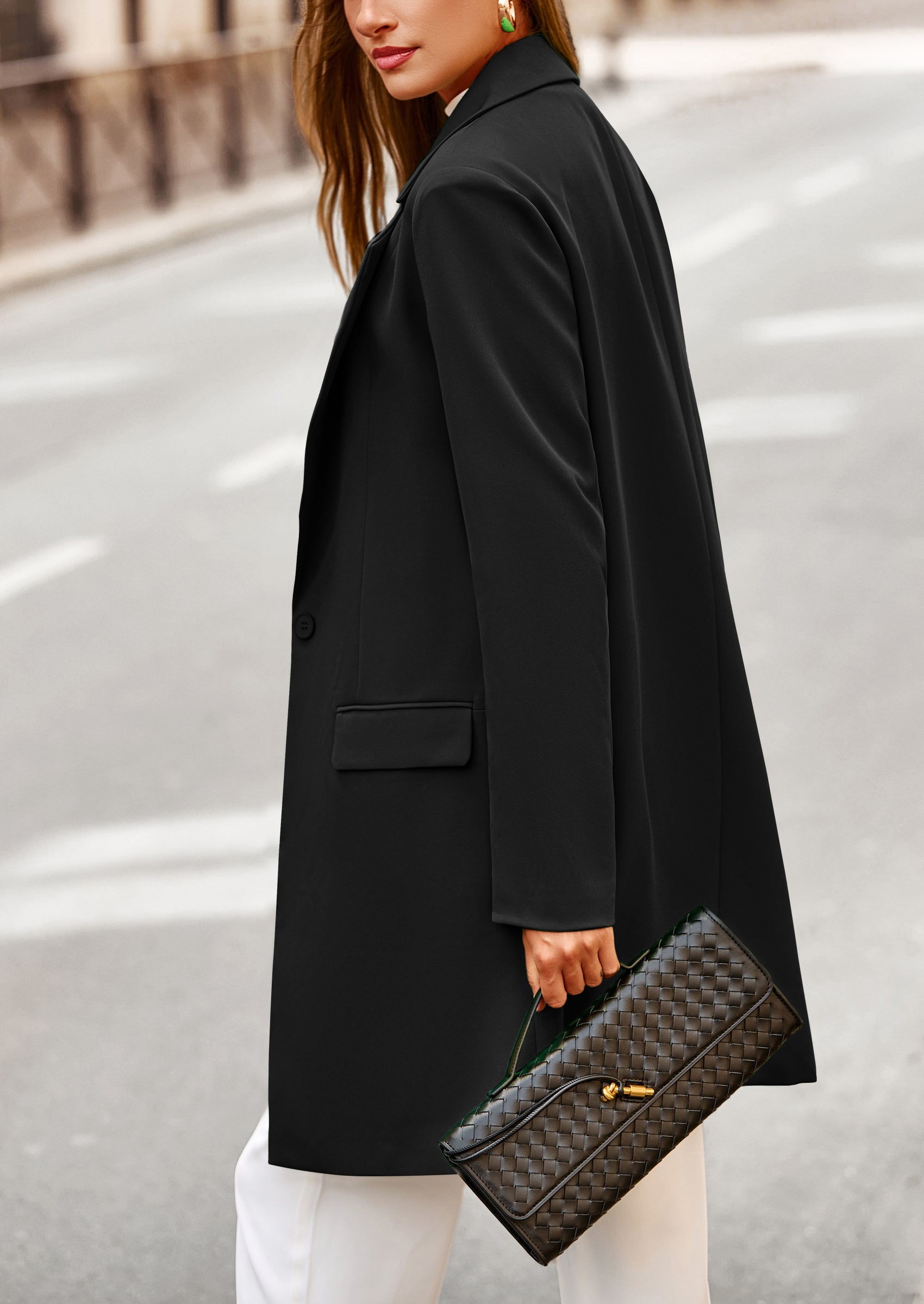 PRETTYGARDEN Women's Spring Fall Long Blazer Jackets Long Sleeve Lapel Pockets Loose Fit Work Casual Blazers Outerwear