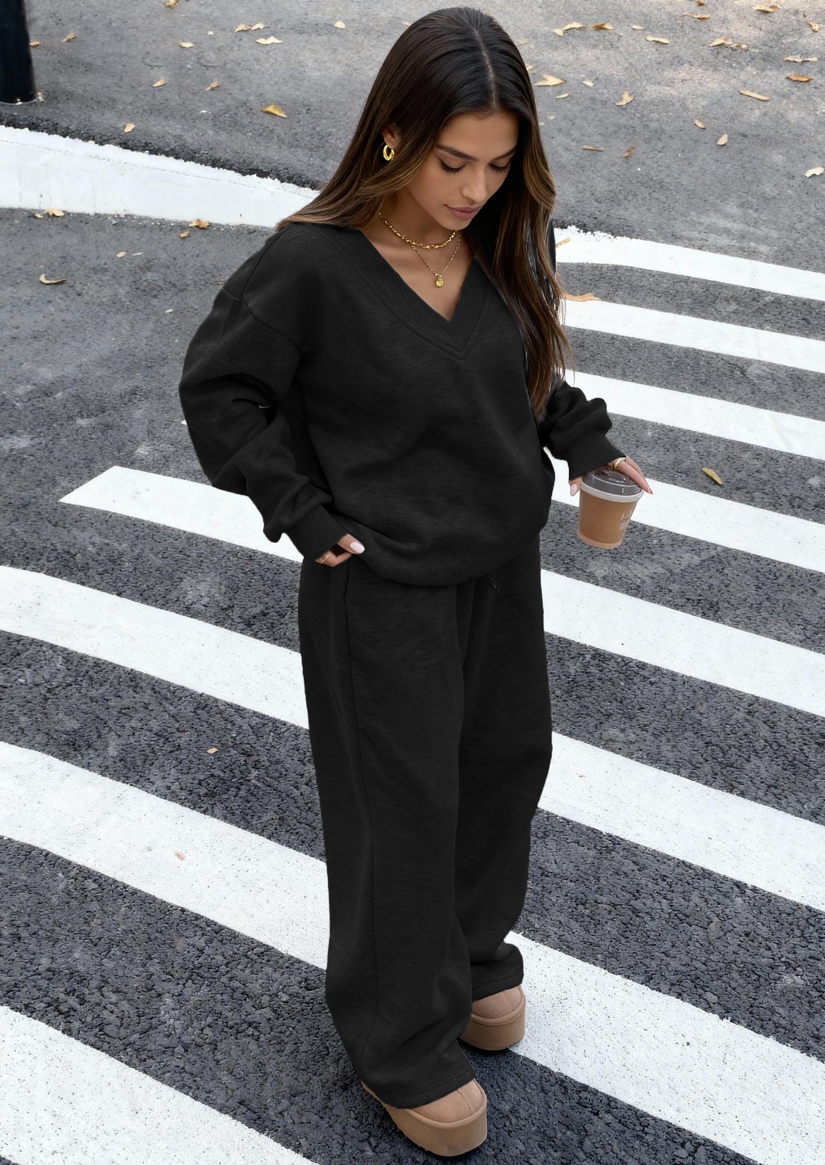 PRETTYGARDEN Casual Winter Two Piece Sets for Women V Neck Sweatshirt Loose Wide Leg Pants Tracksuit Knit Fall Outfits PRETTYGARDEN