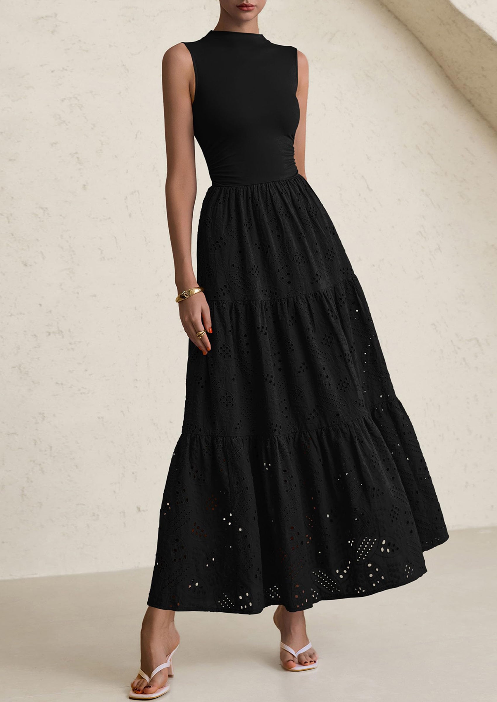 PRETTYGARDEN Dresses for Women Casual Eyelet Sleeveless Wedding Guest Maxi Dress Tank Top Sundress with Pockets