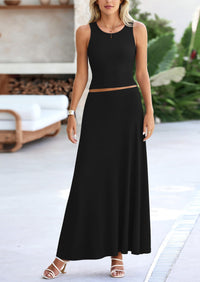 PRETTYGARDEN 2 Piece Maxi Skirt Sets Casual Knit Cropped Tank Top High Waisted Long Skirts Outfit