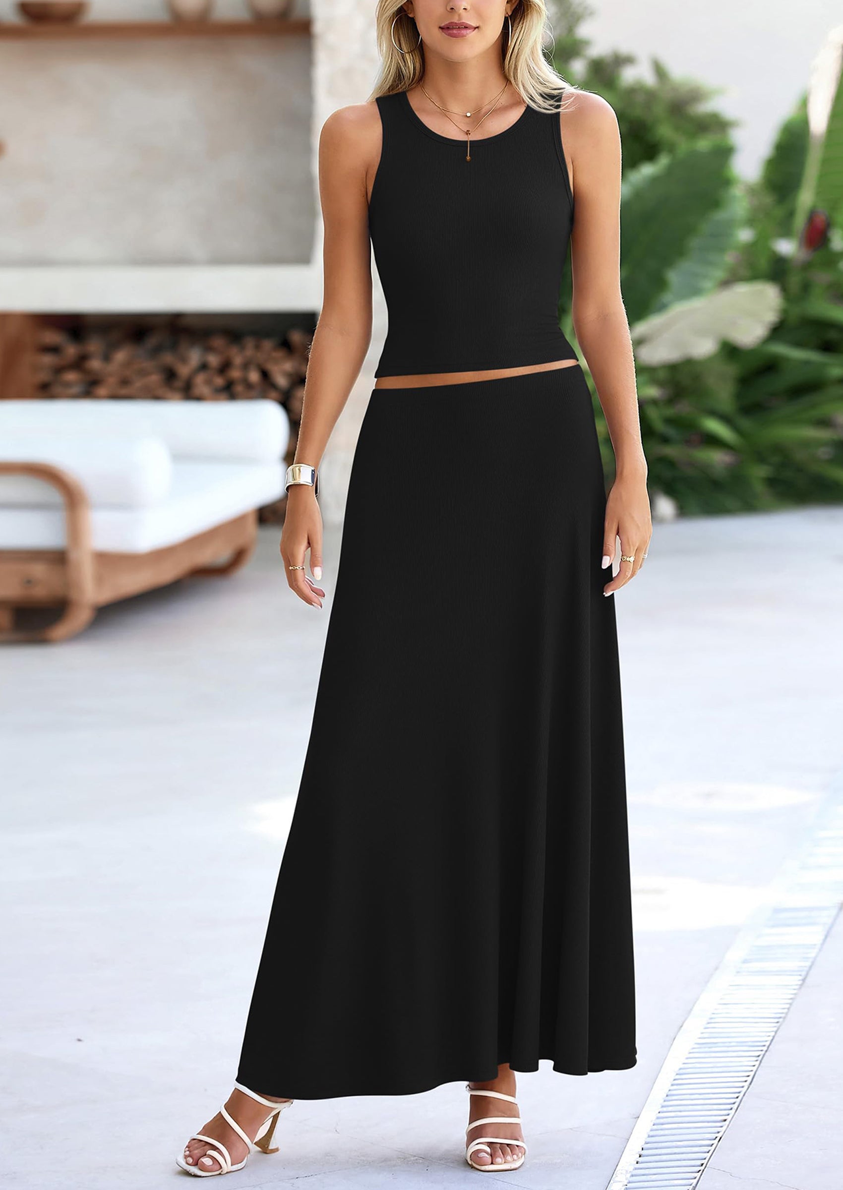 PRETTYGARDEN 2 Piece Maxi Skirt Sets Casual Knit Cropped Tank Top High Waisted Long Skirts Outfit