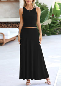 PRETTYGARDEN 2 Piece Maxi Skirt Sets Casual Knit Cropped Tank Top High Waisted Long Skirts Outfit
