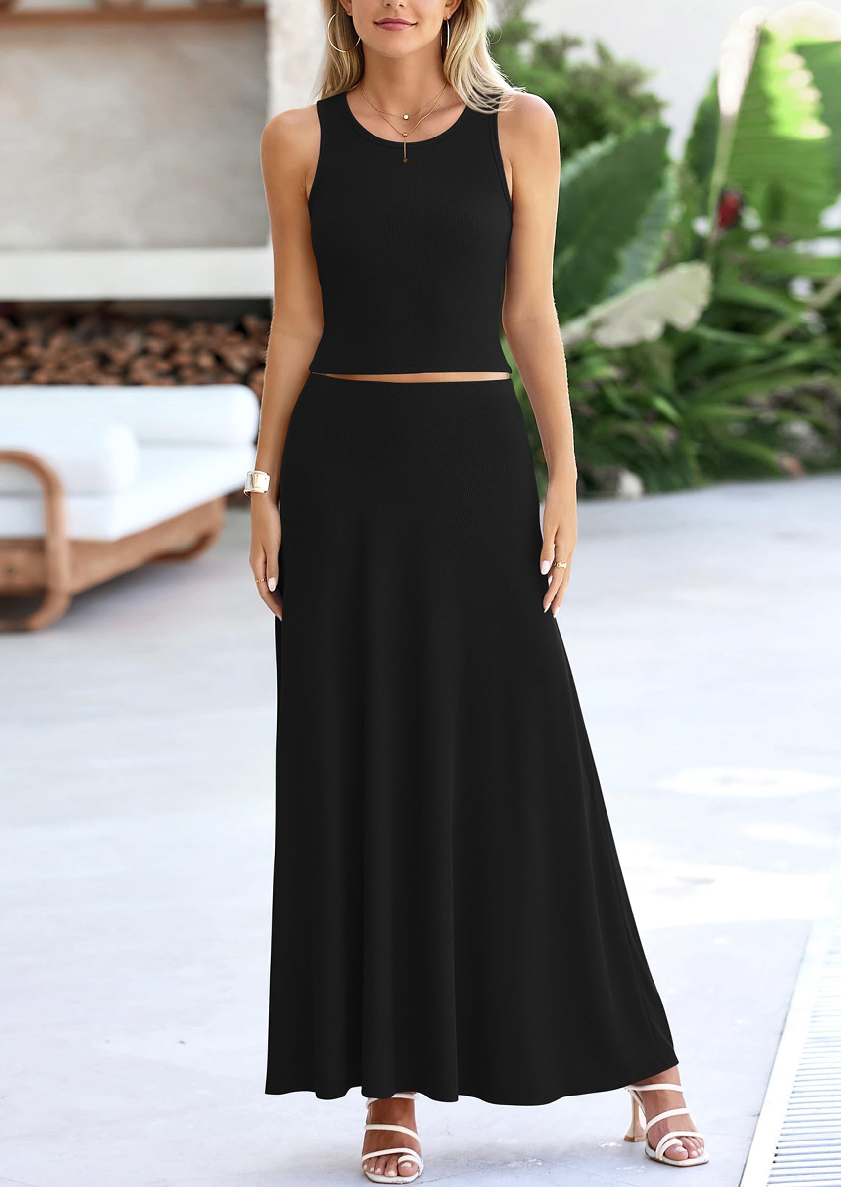 PRETTYGARDEN 2 Piece Maxi Skirt Sets Casual Knit Cropped Tank Top High Waisted Long Skirts Outfit