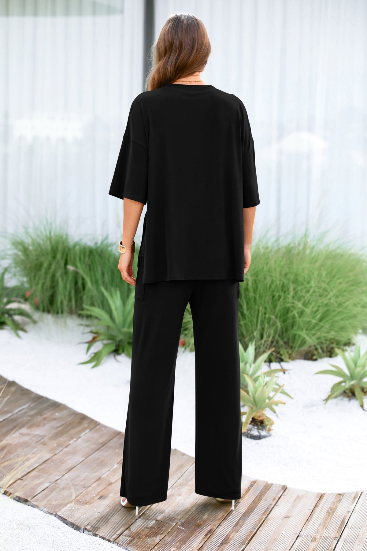 Short Sleeve Pullover Tops And Wide Leg Pants Lounge Set