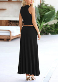 PRETTYGARDEN 2 Piece Maxi Skirt Sets Casual Knit Cropped Tank Top High Waisted Long Skirts Outfit