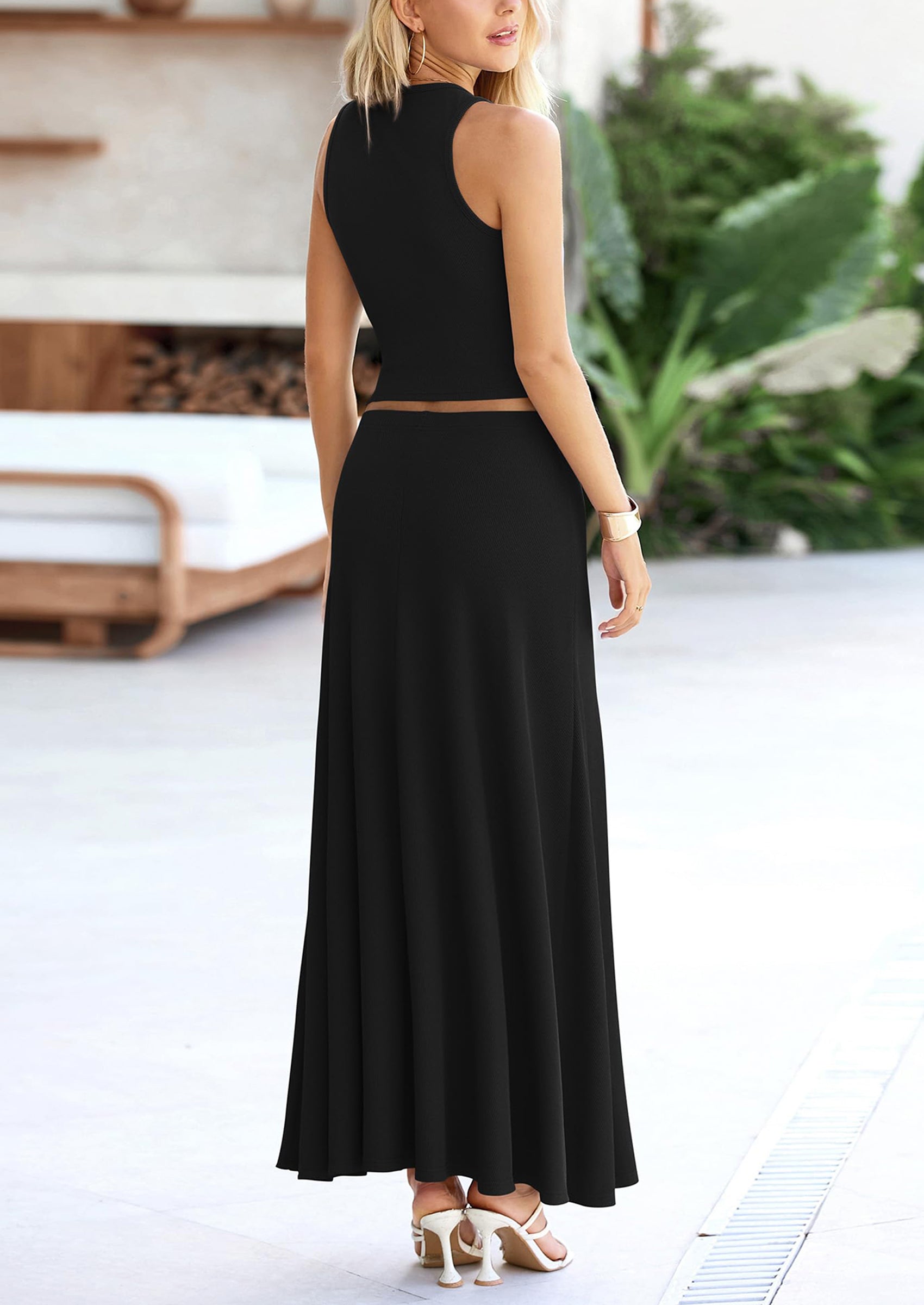 PRETTYGARDEN 2 Piece Maxi Skirt Sets Casual Knit Cropped Tank Top High Waisted Long Skirts Outfit