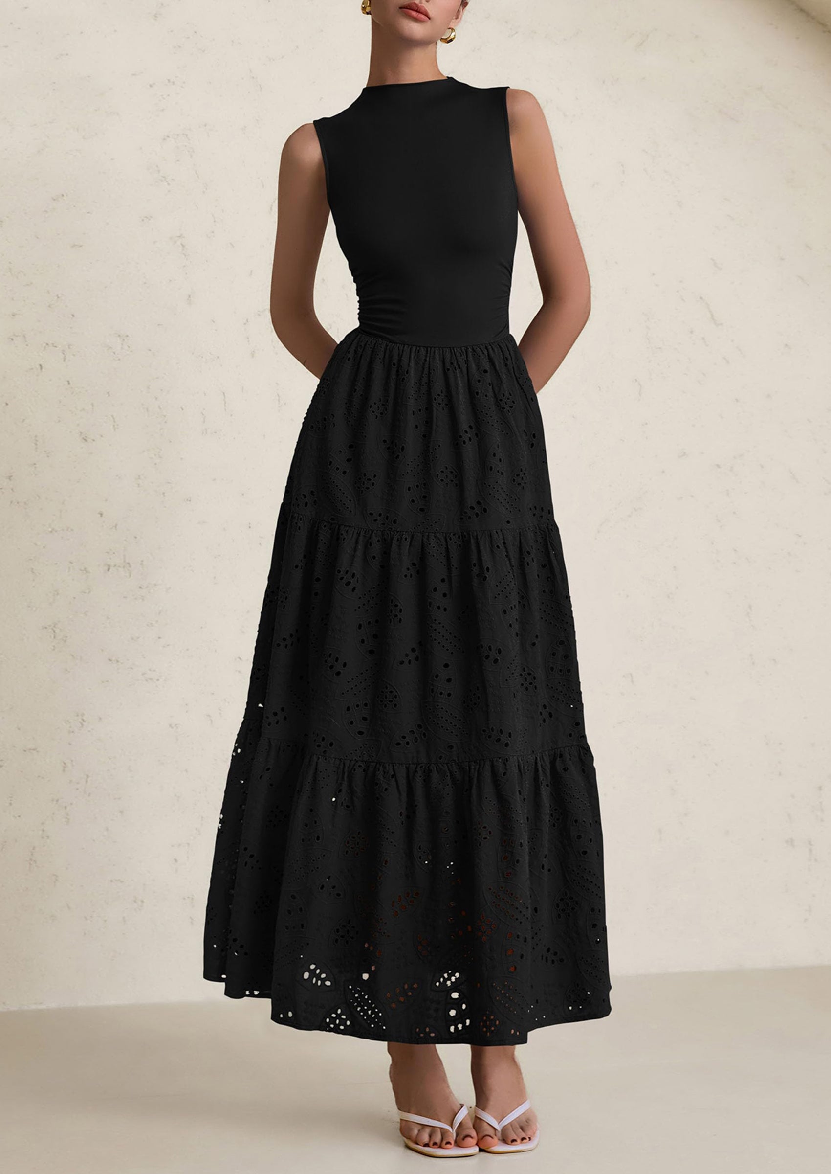 PRETTYGARDEN Dresses for Women Casual Eyelet Sleeveless Wedding Guest Maxi Dress Tank Top Sundress with Pockets