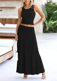 PRETTYGARDEN 2 Piece Maxi Skirt Sets Casual Knit Cropped Tank Top High Waisted Long Skirts Outfit