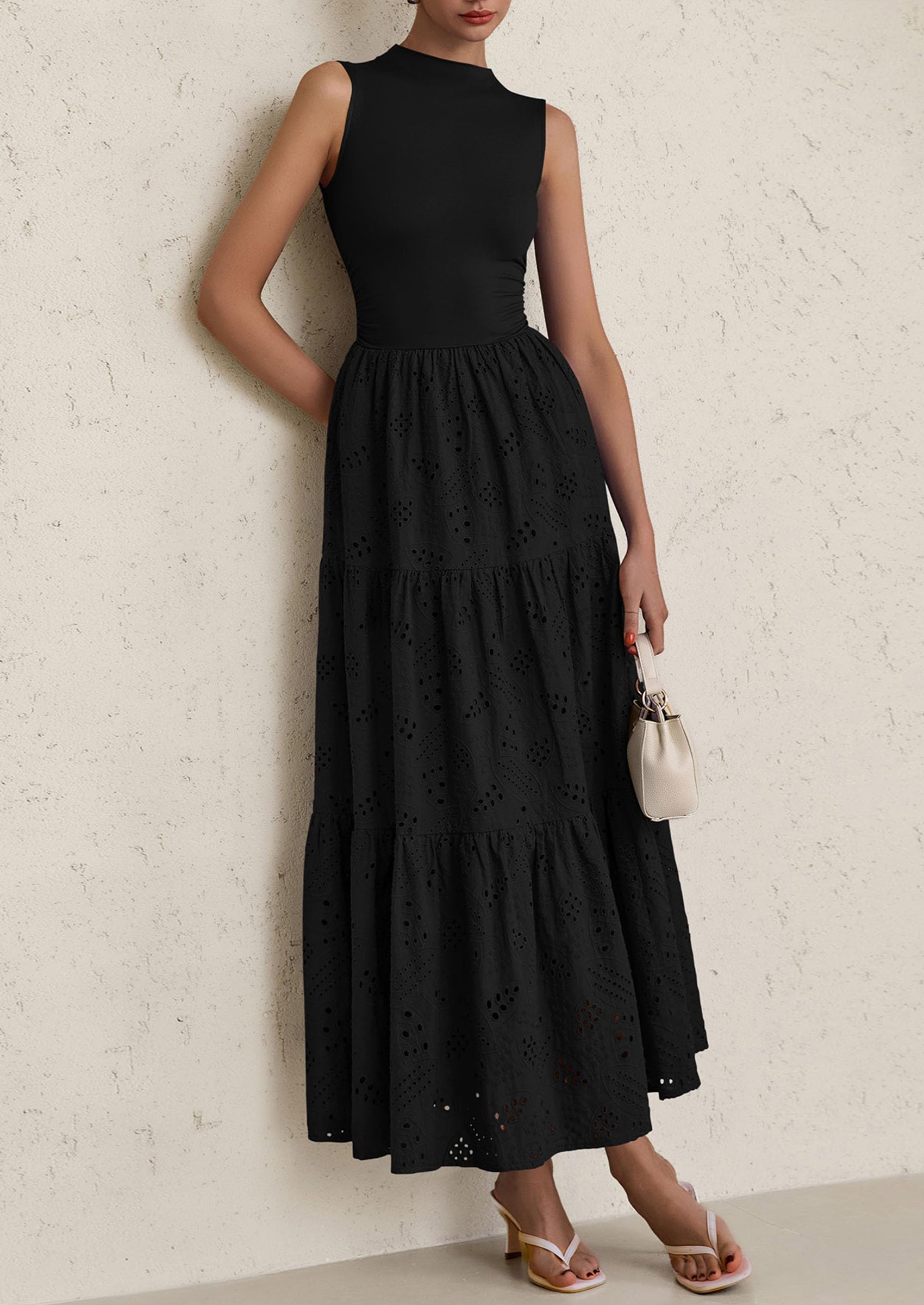 PRETTYGARDEN Dresses for Women Casual Eyelet Sleeveless Wedding Guest Maxi Dress Tank Top Sundress with Pockets