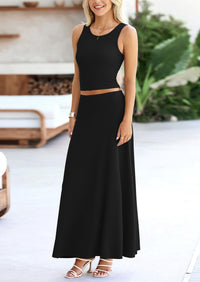 PRETTYGARDEN 2 Piece Maxi Skirt Sets Casual Knit Cropped Tank Top High Waisted Long Skirts Outfit