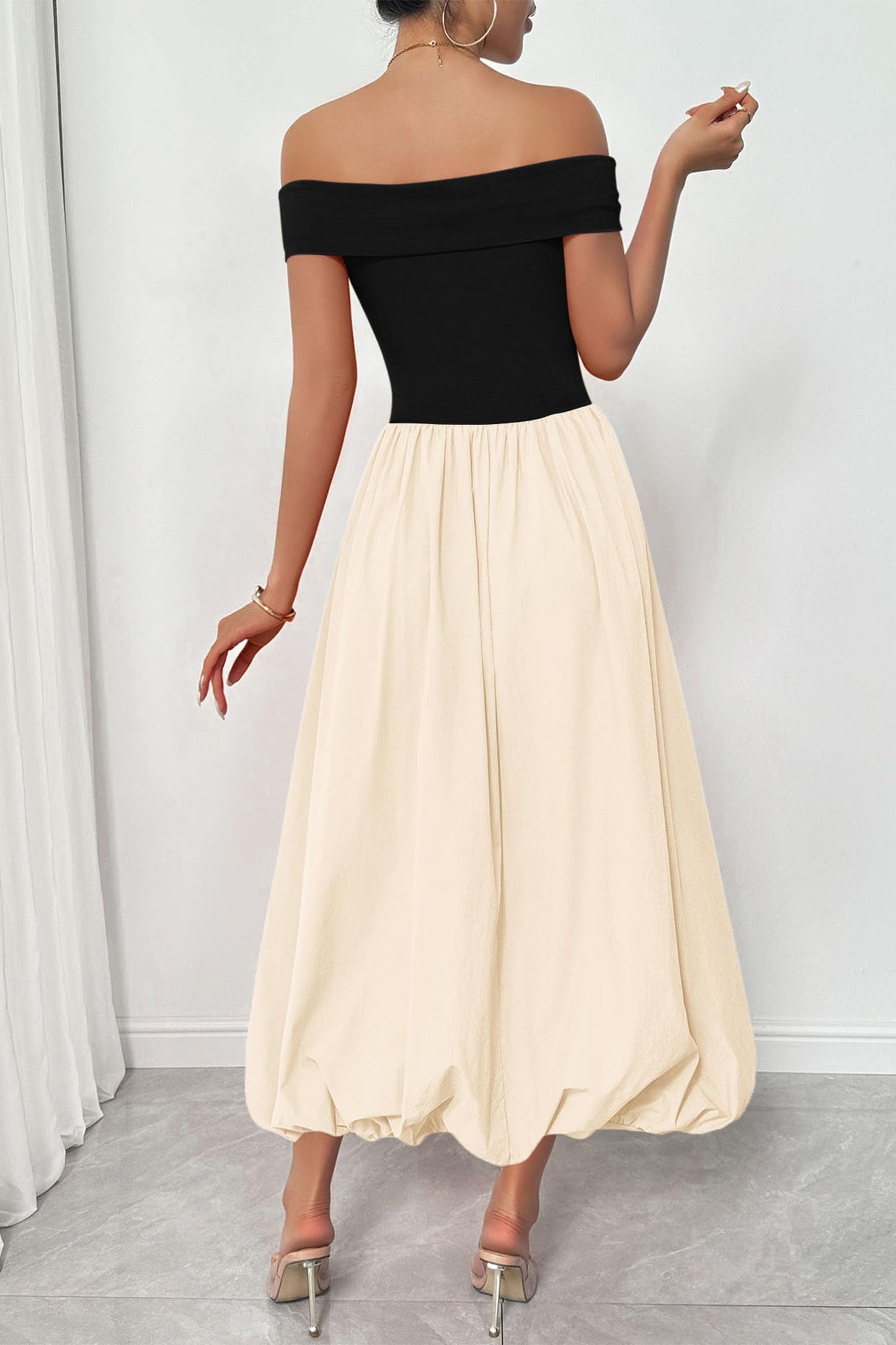 Womens Summer Off Shoulder Sleeveless Midi Dress Cocktail A Line Flowy Wedding Guest Dresses with Pockets