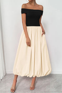 Womens Summer Off Shoulder Sleeveless Midi Dress Cocktail A Line Flowy Wedding Guest Dresses with Pockets