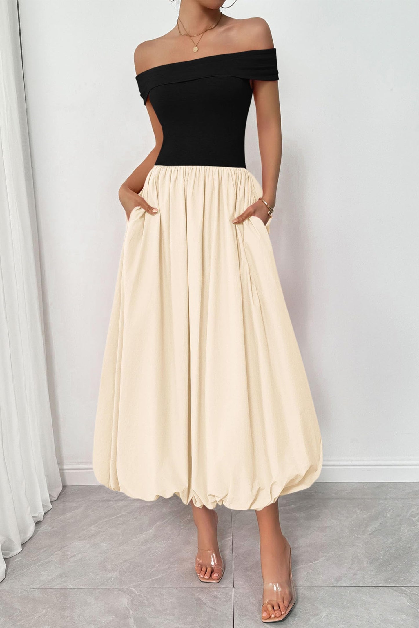 Womens Summer Off Shoulder Sleeveless Midi Dress Cocktail A Line Flowy Wedding Guest Dresses with Pockets