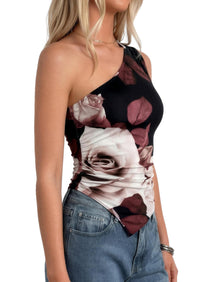 PRETTYGARDEN Women's Floral Mesh Tops Summer Asymmetrical One Shoulder Sleeveless Ruched Shirts Spring Going Out Clothes PRETTYGARDEN