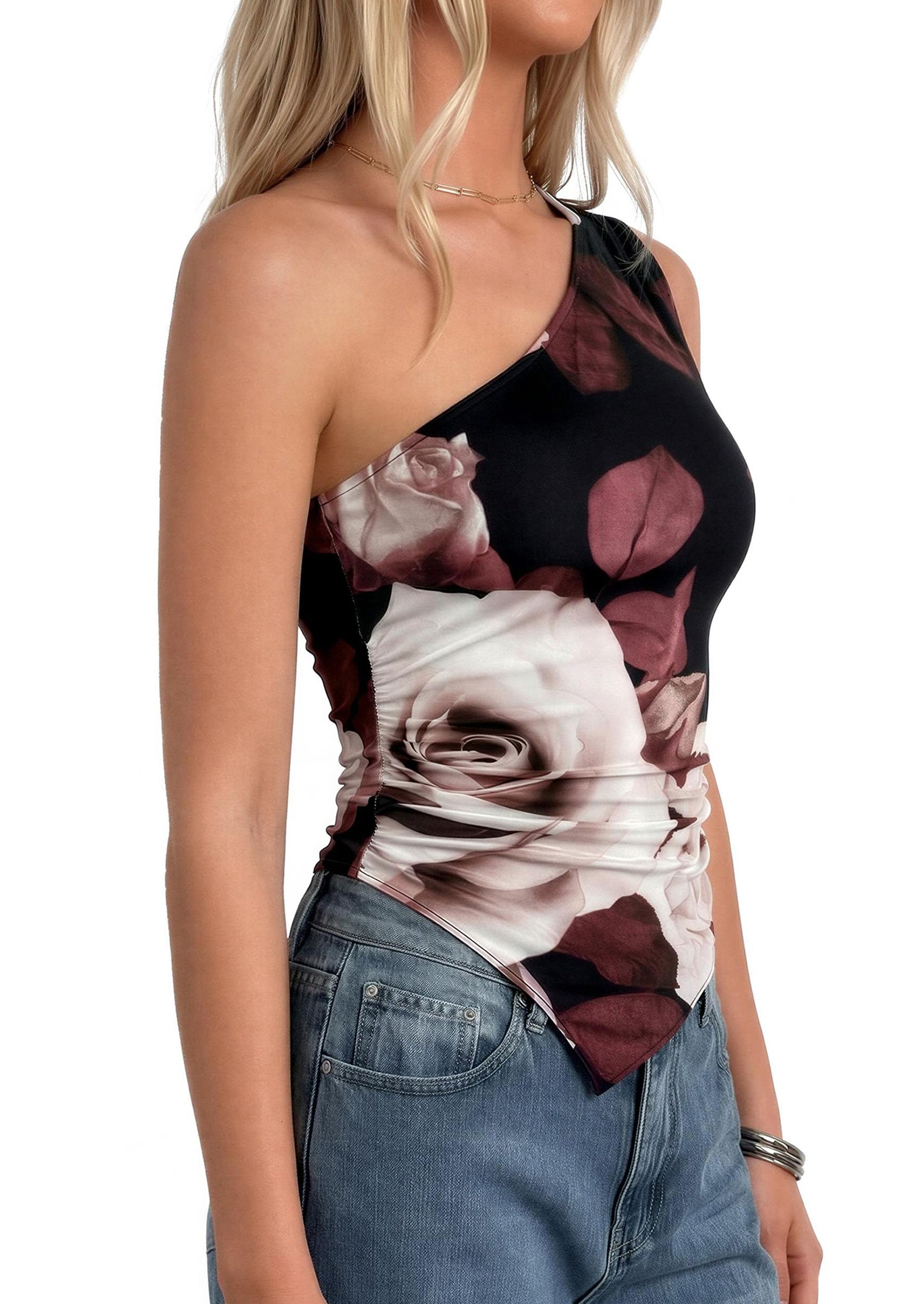 PRETTYGARDEN Women's Floral Mesh Tops Summer Asymmetrical One Shoulder Sleeveless Ruched Shirts Spring Going Out Clothes PRETTYGARDEN