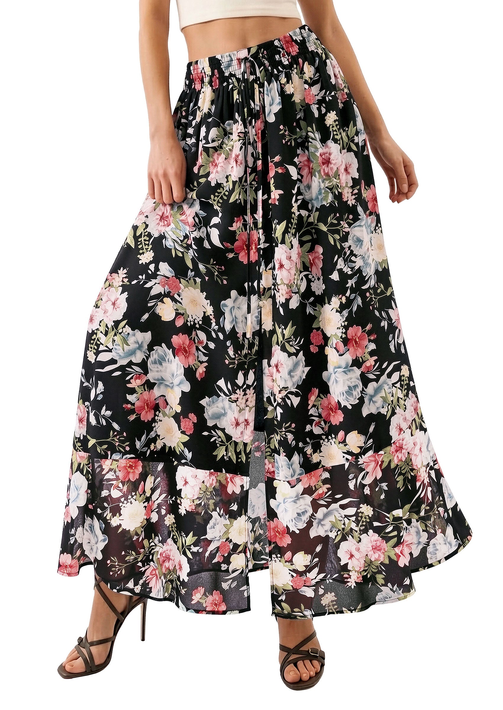 PRETTYGARDEN 2026 Summer Maxi Long Skirts for Women Trendy Boho Floral High Waisted Slit Flowy Travel Beach Vacation Clothes
