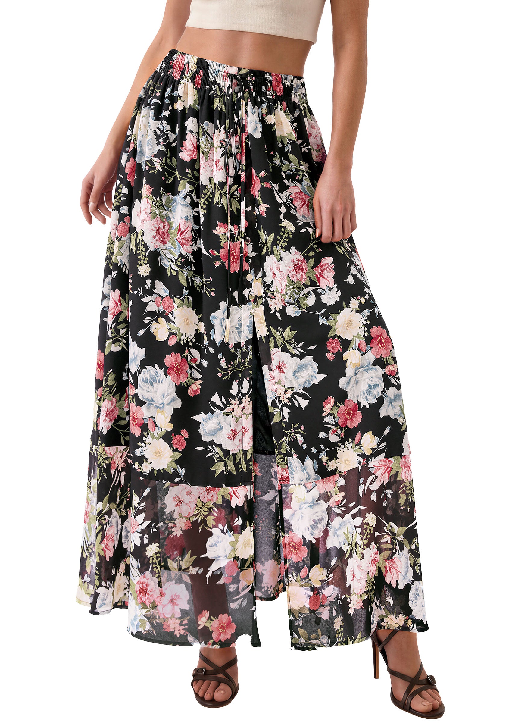 PRETTYGARDEN 2026 Summer Maxi Long Skirts for Women Trendy Boho Floral High Waisted Slit Flowy Travel Beach Vacation Clothes