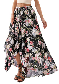 PRETTYGARDEN 2026 Summer Maxi Long Skirts for Women Trendy Boho Floral High Waisted Slit Flowy Travel Beach Vacation Clothes