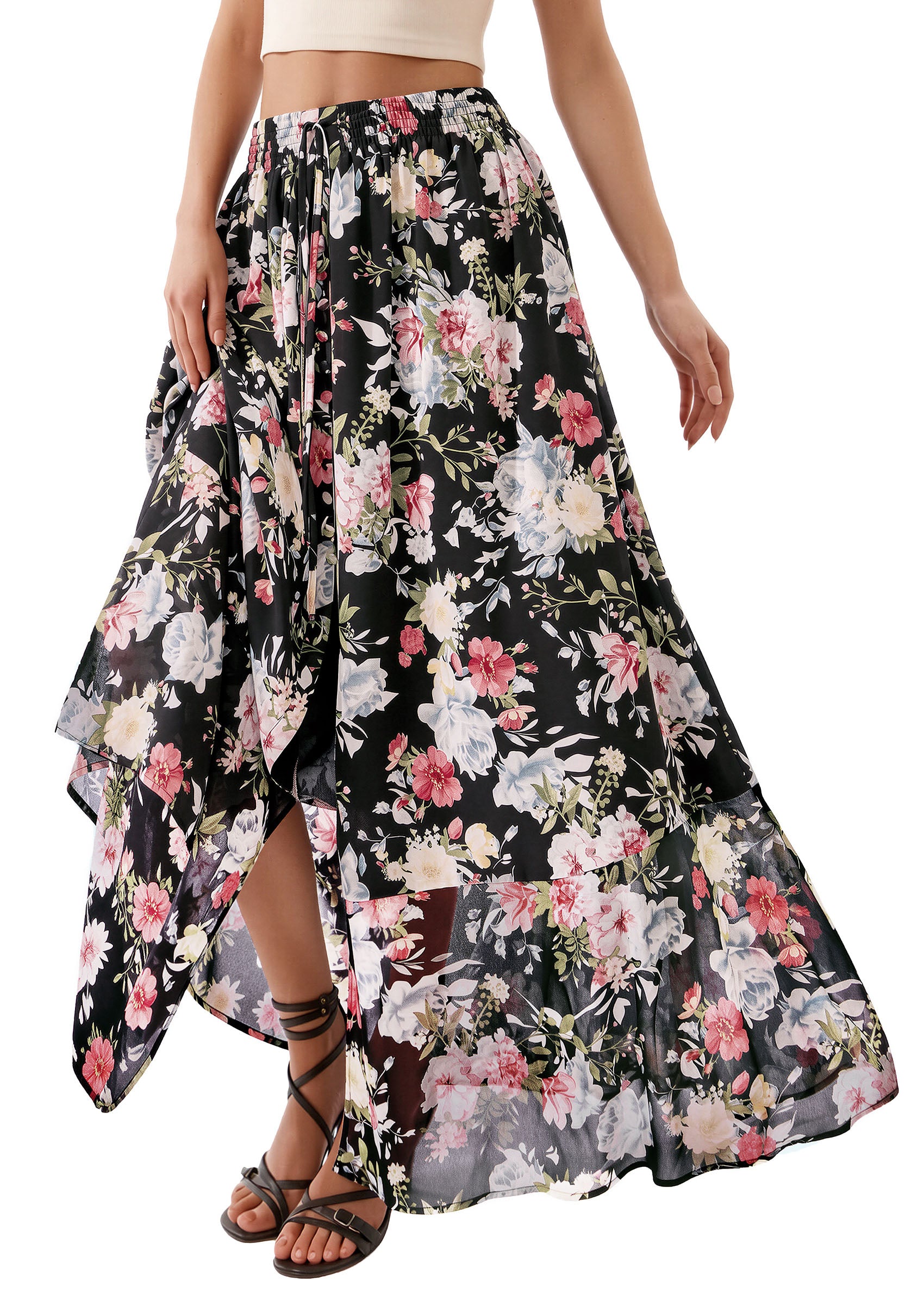 PRETTYGARDEN 2026 Summer Maxi Long Skirts for Women Trendy Boho Floral High Waisted Slit Flowy Travel Beach Vacation Clothes