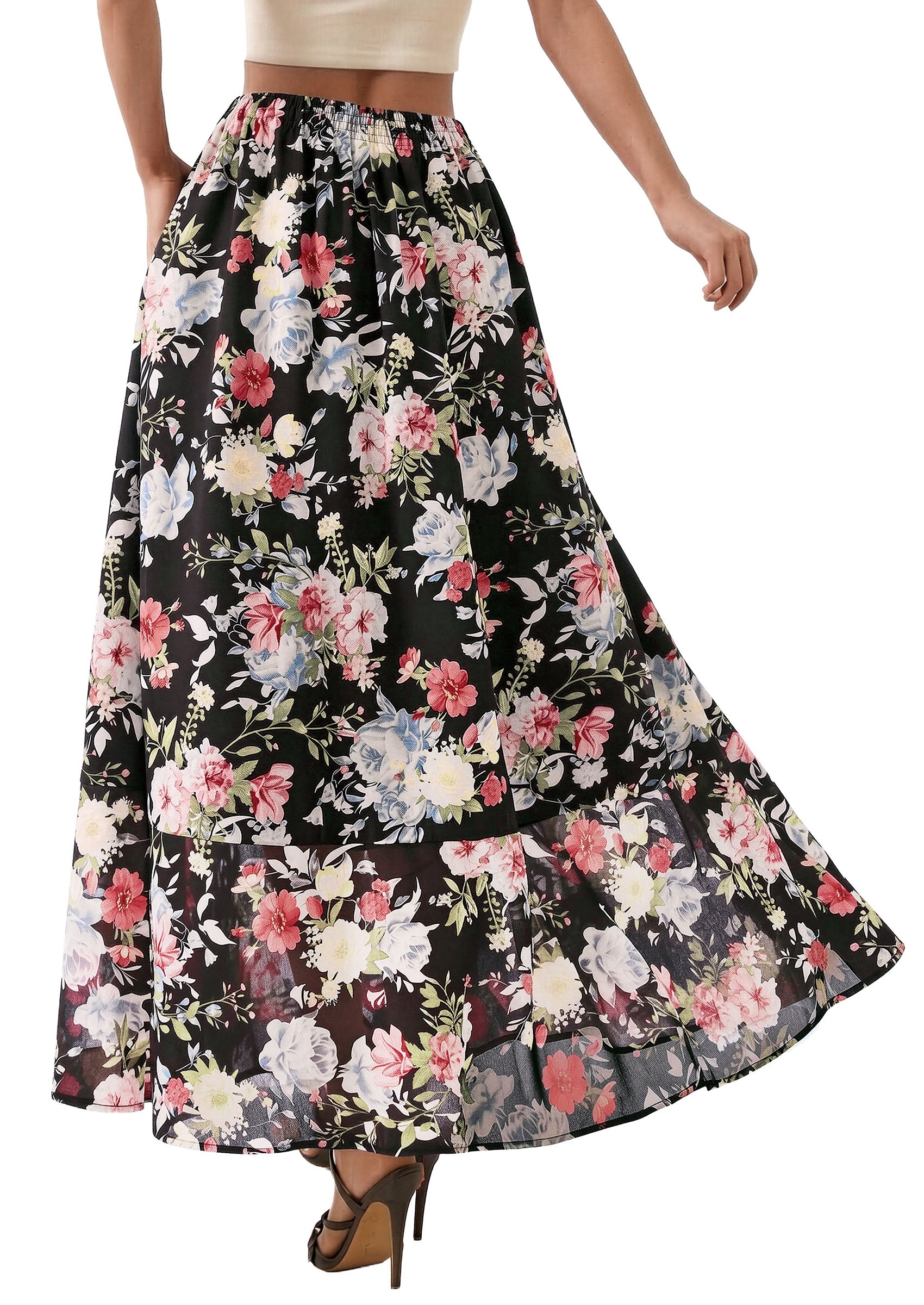 PRETTYGARDEN 2026 Summer Maxi Long Skirts for Women Trendy Boho Floral High Waisted Slit Flowy Travel Beach Vacation Clothes