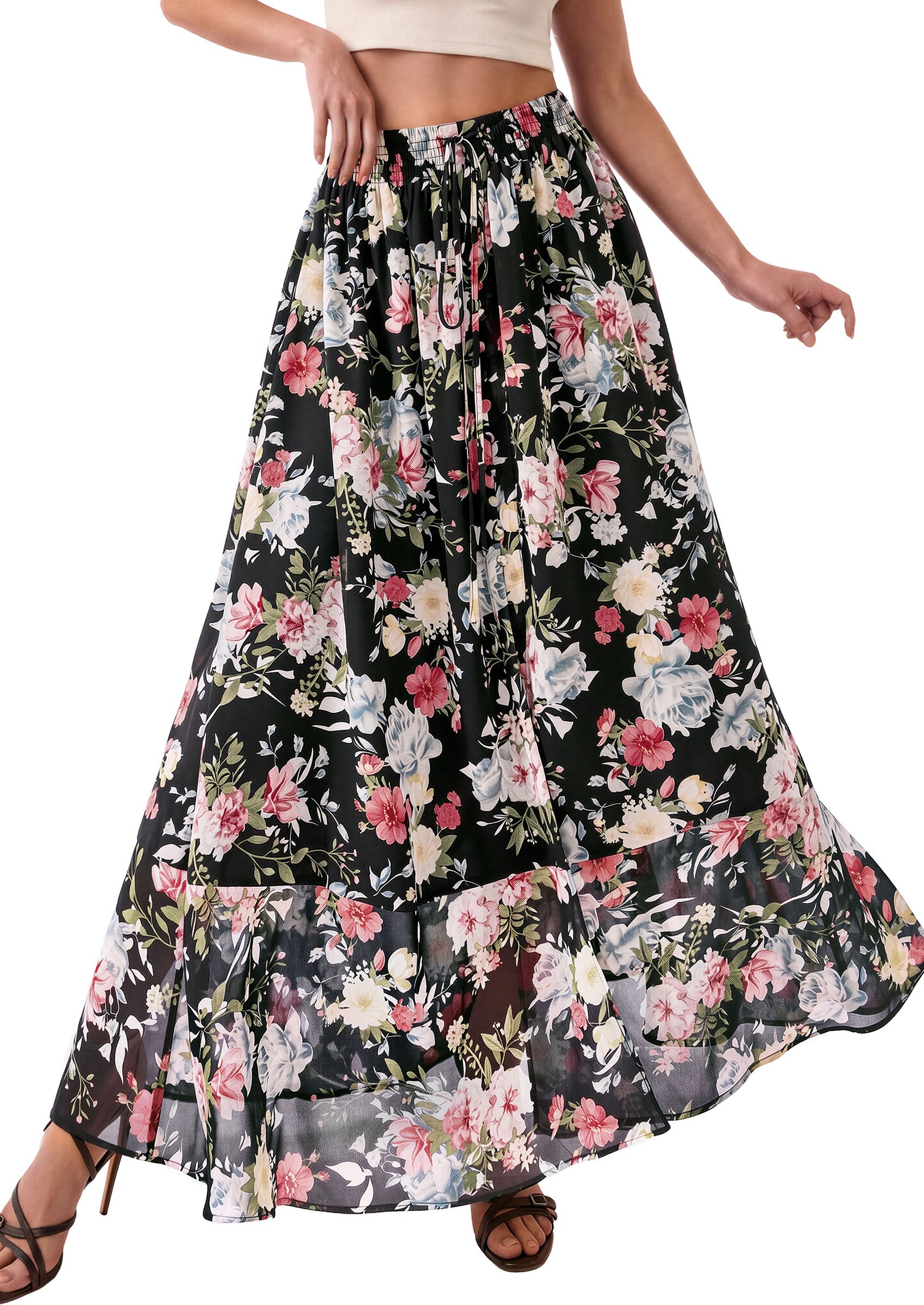 PRETTYGARDEN 2026 Summer Maxi Long Skirts for Women Trendy Boho Floral High Waisted Slit Flowy Travel Beach Vacation Clothes