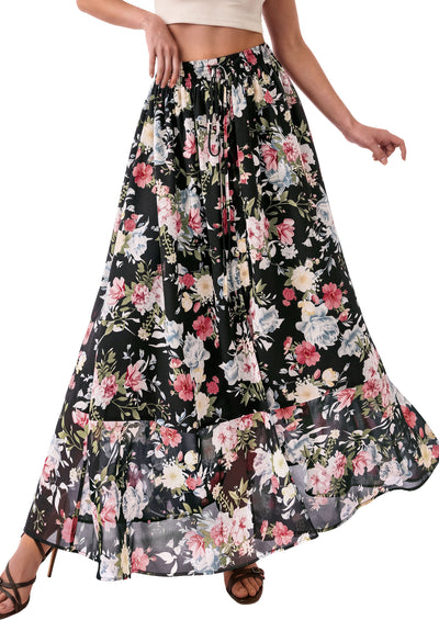 PRETTYGARDEN 2026 Summer Maxi Long Skirts for Women Trendy Boho Floral High Waisted Slit Flowy Travel Beach Vacation Clothes