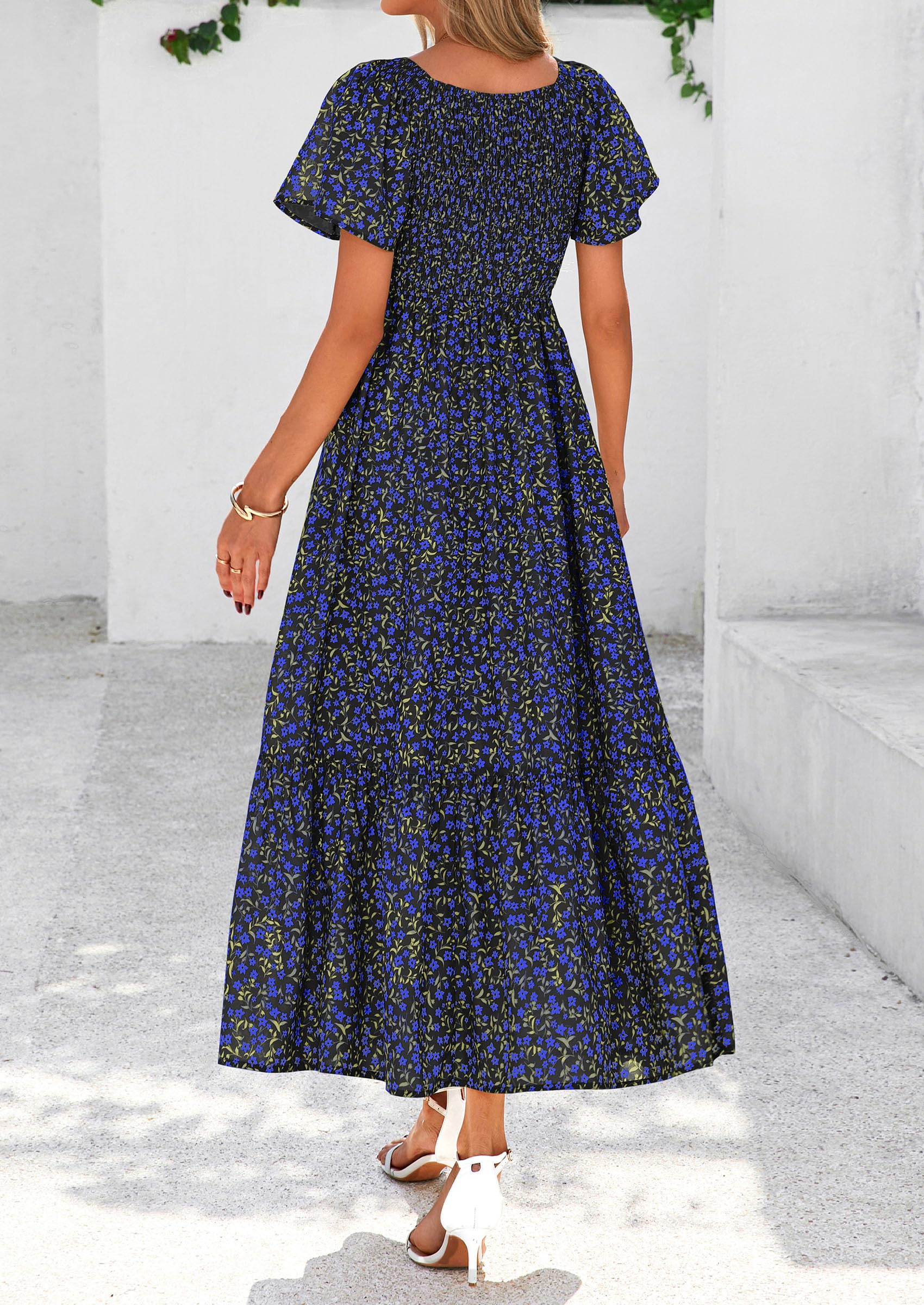 PRETTYGARDEN Women Floral Boho Maxi Dresses Short Sleeve V Neck Smocked A Line Long Flowy Beach Vacation Dress