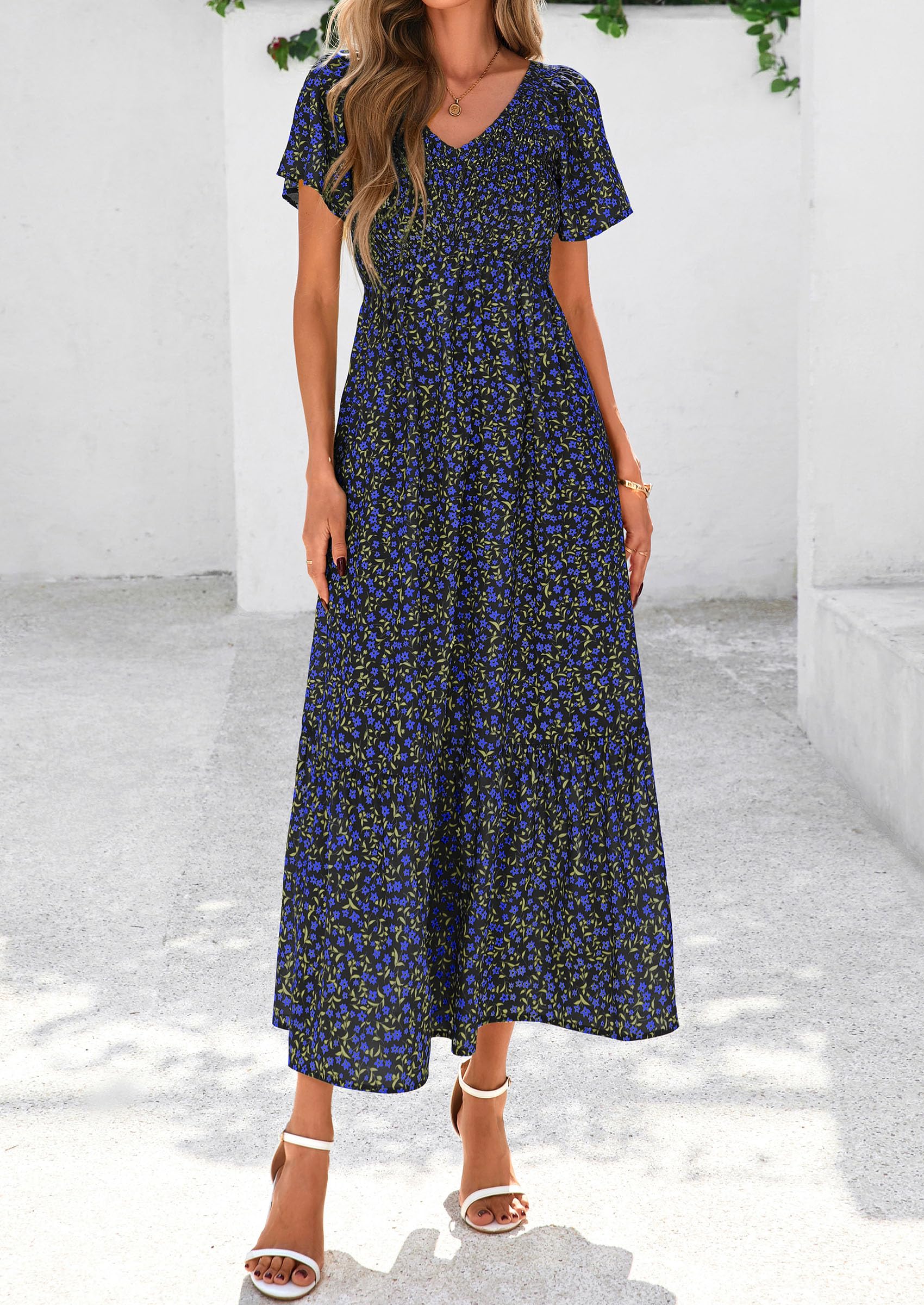 PRETTYGARDEN Women Floral Boho Maxi Dresses Short Sleeve V Neck Smocked A Line Long Flowy Beach Vacation Dress