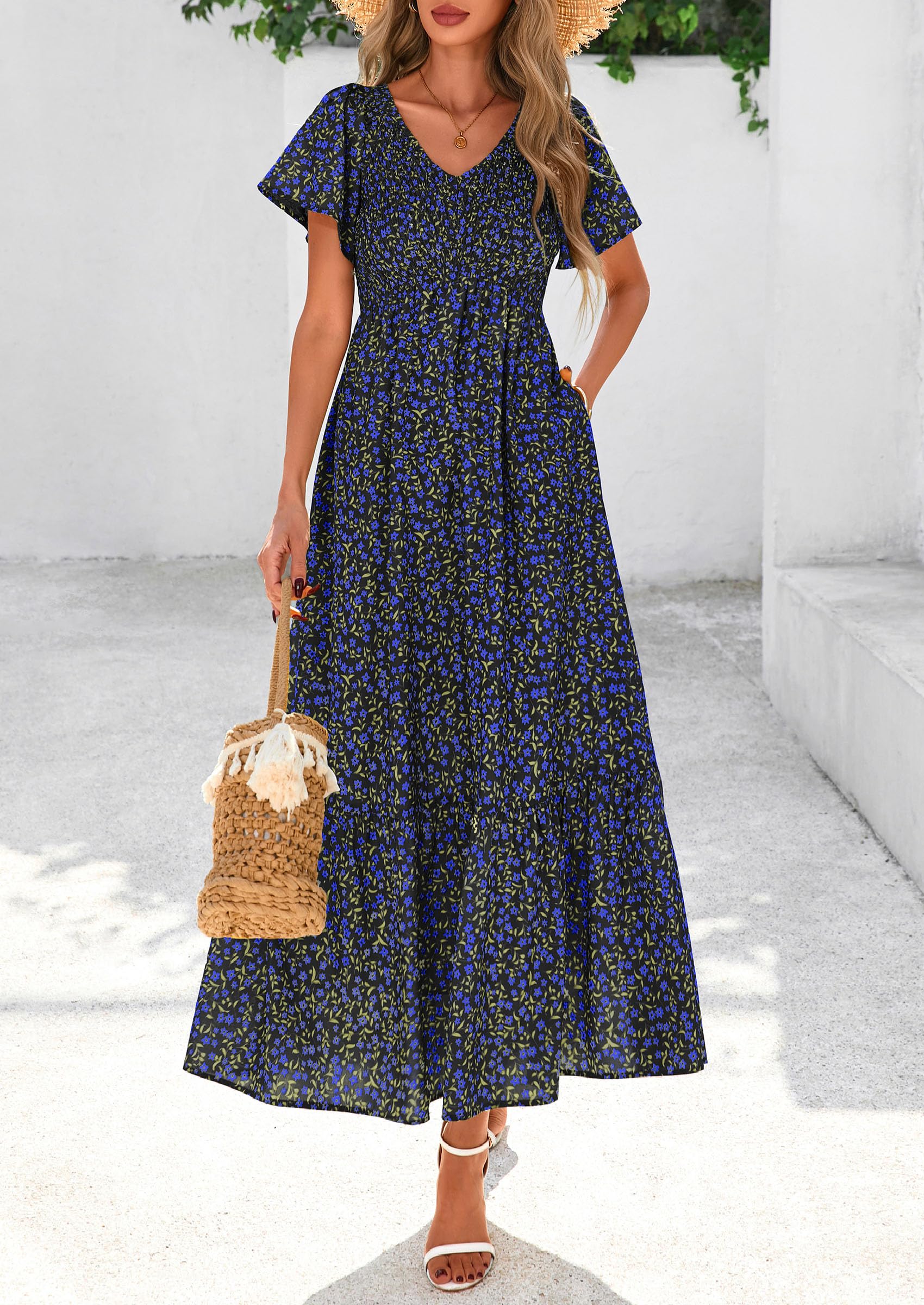 PRETTYGARDEN Women Floral Boho Maxi Dresses Short Sleeve V Neck Smocked A Line Long Flowy Beach Vacation Dress