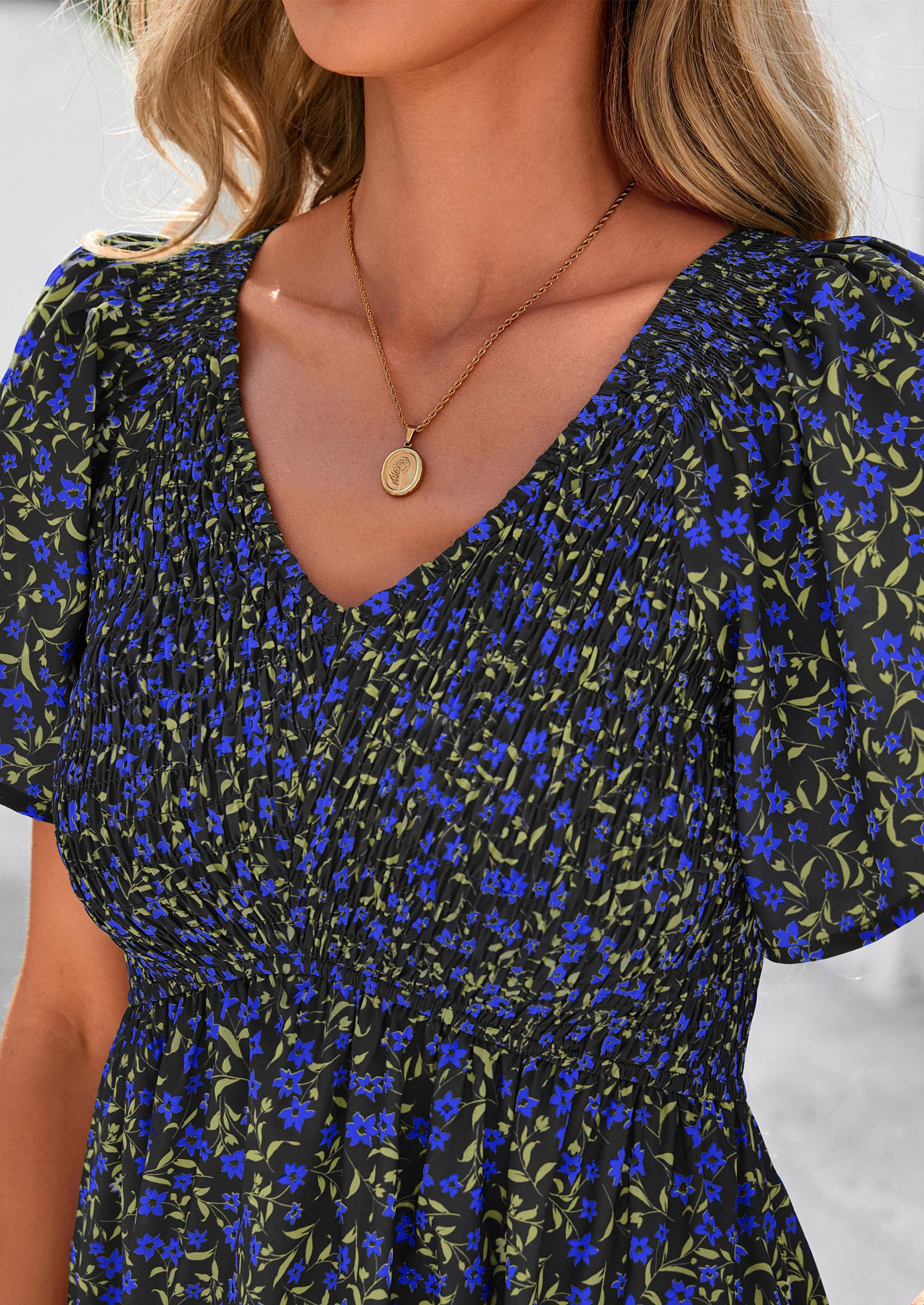 PRETTYGARDEN Women Floral Boho Maxi Dresses Short Sleeve V Neck Smocked A Line Long Flowy Beach Vacation Dress