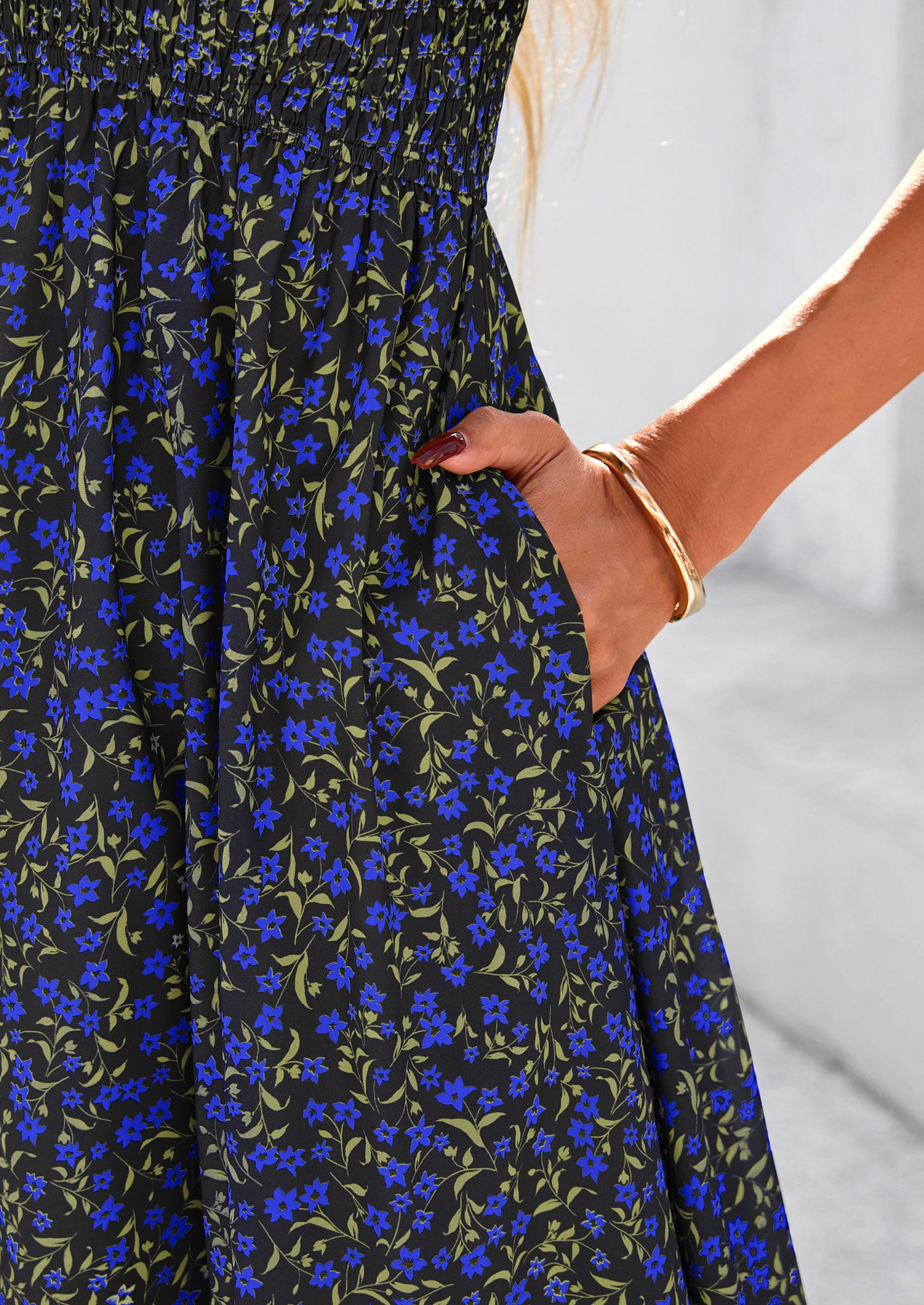 PRETTYGARDEN Women Floral Boho Maxi Dresses Short Sleeve V Neck Smocked A Line Long Flowy Beach Vacation Dress