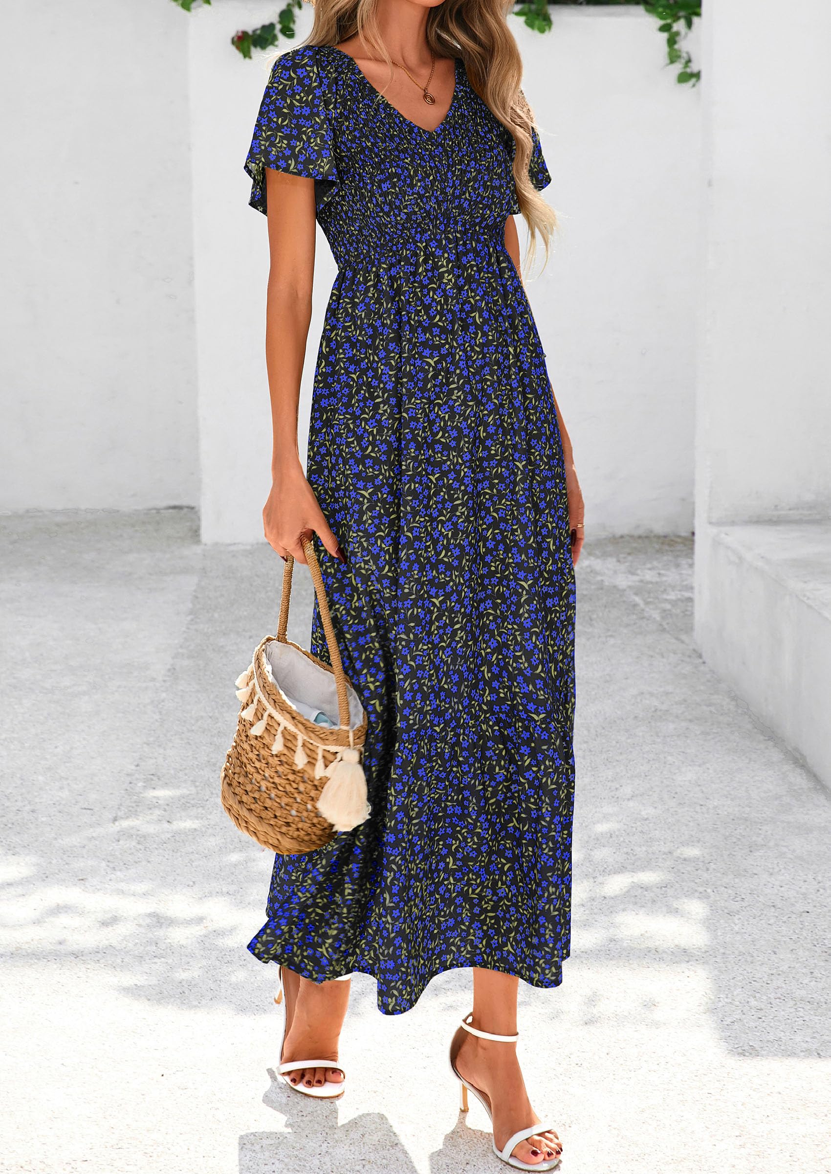 PRETTYGARDEN Women Floral Boho Maxi Dresses Short Sleeve V Neck Smocked A Line Long Flowy Beach Vacation Dress