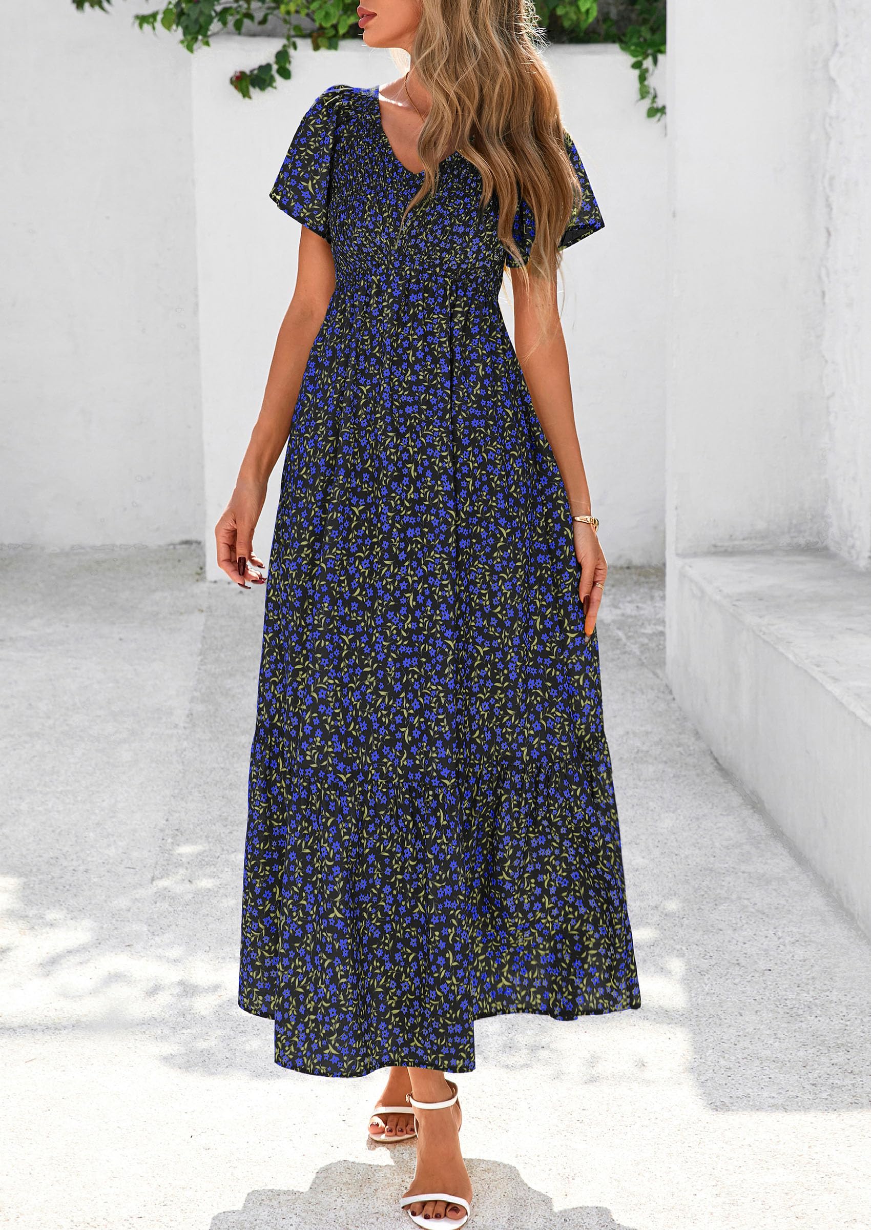 PRETTYGARDEN Women Floral Boho Maxi Dresses Short Sleeve V Neck Smocked A Line Long Flowy Beach Vacation Dress