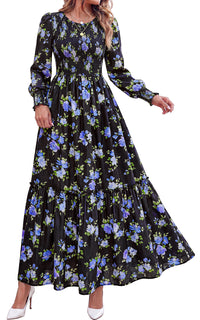 PRETTYGARDEN Womens Long Sleeve Floral Casual Fall Dresses with Pockets Crewneck Smocked Flowy A Line Tiered Boho Maxi Dress, Elegant Classy Wedding Guest Cocktail Party Beach Vacation Outfits