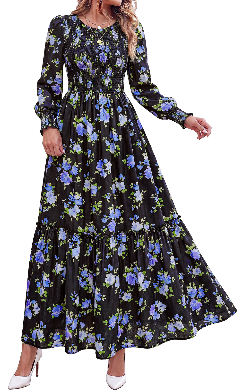 PRETTYGARDEN Womens Long Sleeve Floral Casual Fall Dresses with Pockets Crewneck Smocked Flowy A Line Tiered Boho Maxi Dress, Elegant Classy Wedding Guest Cocktail Party Beach Vacation Outfits