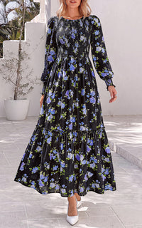 PRETTYGARDEN Womens Long Sleeve Floral Casual Fall Dresses with Pockets Crewneck Smocked Flowy A Line Tiered Boho Maxi Dress, Elegant Classy Wedding Guest Cocktail Party Beach Vacation Outfits