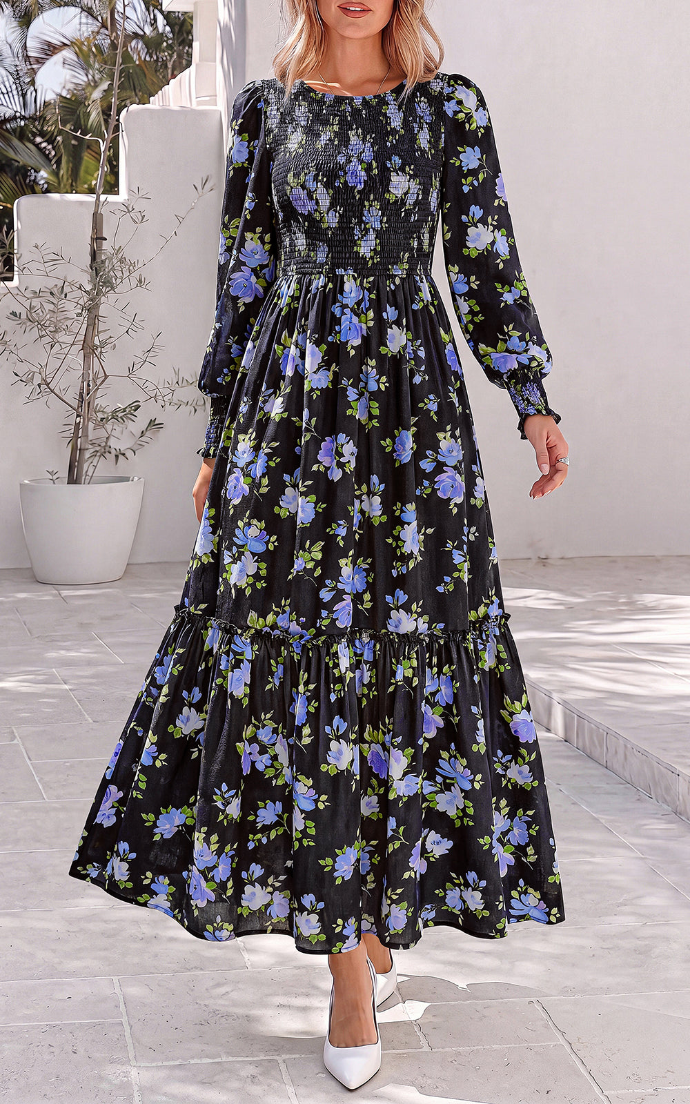 PRETTYGARDEN Womens Long Sleeve Floral Casual Fall Dresses with Pockets Crewneck Smocked Flowy A Line Tiered Boho Maxi Dress, Elegant Classy Wedding Guest Cocktail Party Beach Vacation Outfits