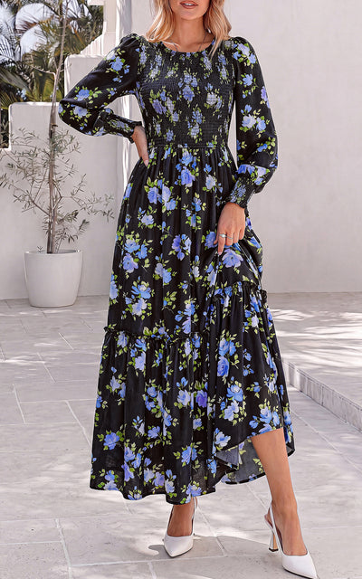 PRETTYGARDEN Womens Long Sleeve Floral Casual Fall Dresses with Pockets Crewneck Smocked Flowy A Line Tiered Boho Maxi Dress, Elegant Classy Wedding Guest Cocktail Party Beach Vacation Outfits