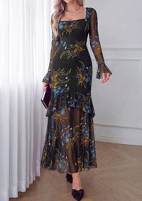 PRETTYGARDEN Womens Floral Long Sleeve Dress A Line Mesh Fall Maxi Dresses | Sheer Sleeve & Bell Cuffs, Lined, High Waist & Tiered Ruffle, Square Neck, Flowy Boho Dress, Cocktail Wedding Guest Dresses