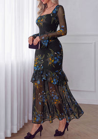 PRETTYGARDEN Womens Floral Long Sleeve Dress A Line Mesh Fall Maxi Dresses | Sheer Sleeve & Bell Cuffs, Lined, High Waist & Tiered Ruffle, Square Neck, Flowy Boho Dress, Cocktail Wedding Guest Dresses