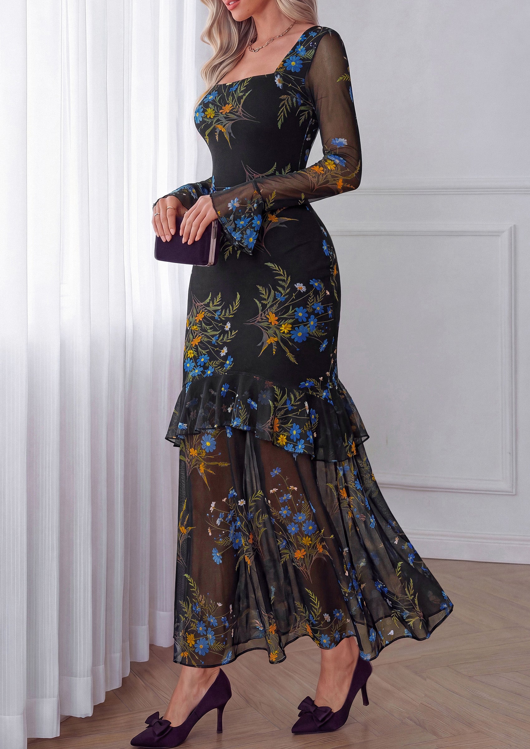 PRETTYGARDEN Womens Floral Long Sleeve Dress A Line Mesh Fall Maxi Dresses | Sheer Sleeve & Bell Cuffs, Lined, High Waist & Tiered Ruffle, Square Neck, Flowy Boho Dress, Cocktail Wedding Guest Dresses