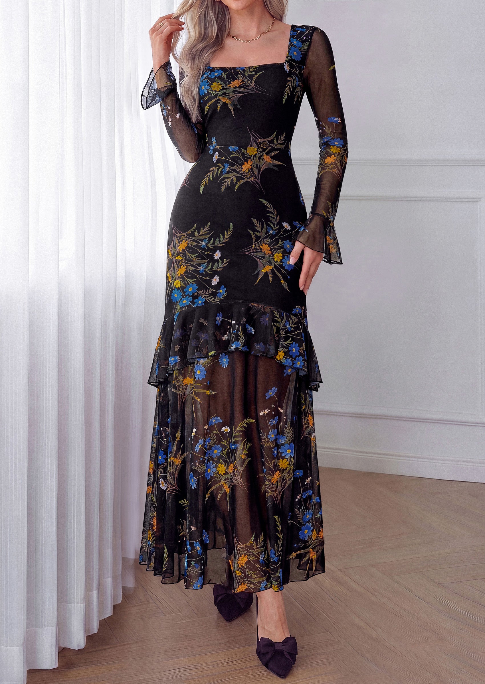 PRETTYGARDEN Womens Floral Long Sleeve Dress A Line Mesh Fall Maxi Dresses | Sheer Sleeve & Bell Cuffs, Lined, High Waist & Tiered Ruffle, Square Neck, Flowy Boho Dress, Cocktail Wedding Guest Dresses