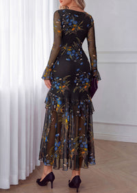 PRETTYGARDEN Womens Floral Long Sleeve Dress A Line Mesh Fall Maxi Dresses | Sheer Sleeve & Bell Cuffs, Lined, High Waist & Tiered Ruffle, Square Neck, Flowy Boho Dress, Cocktail Wedding Guest Dresses