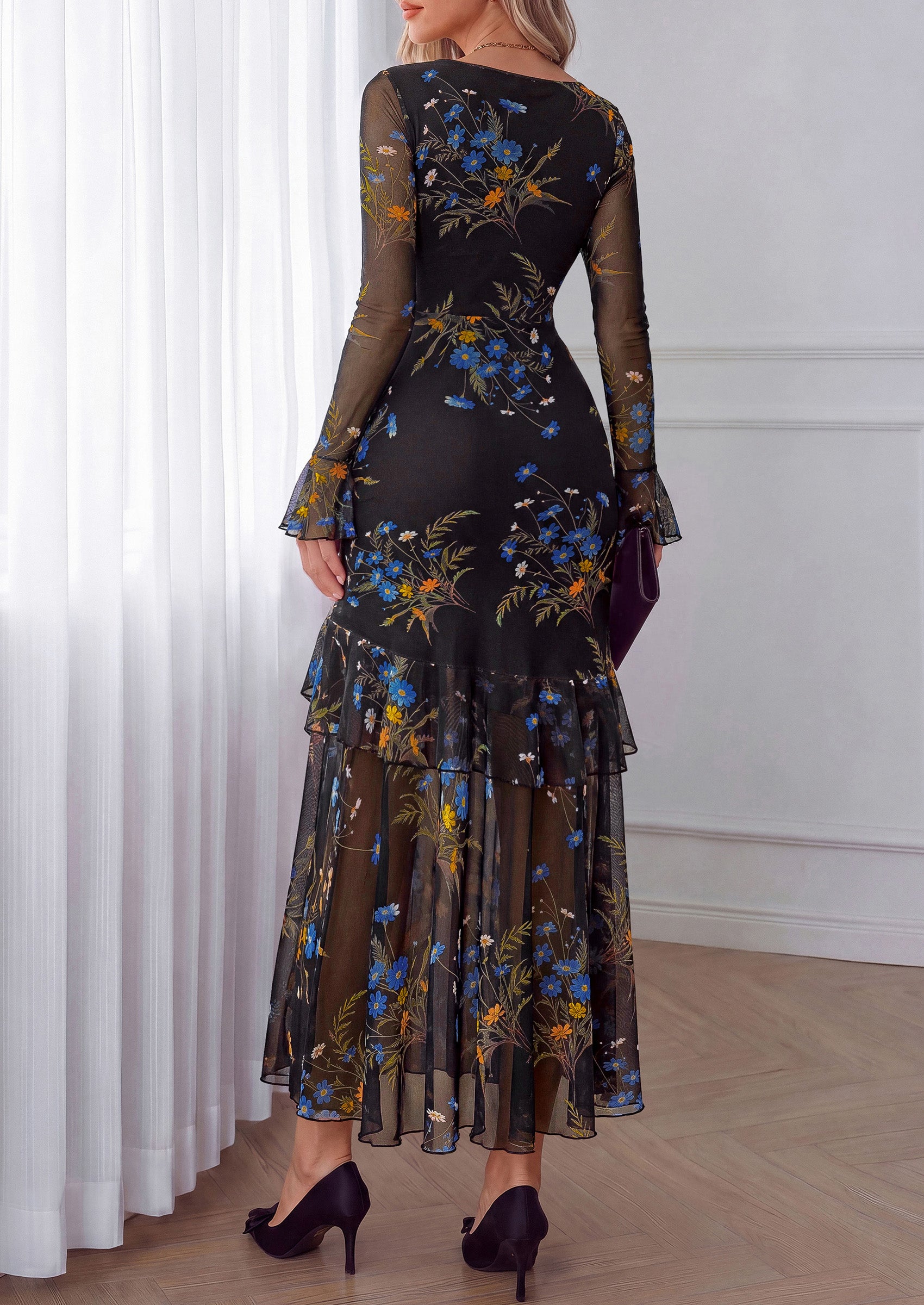 PRETTYGARDEN Womens Floral Long Sleeve Dress A Line Mesh Fall Maxi Dresses | Sheer Sleeve & Bell Cuffs, Lined, High Waist & Tiered Ruffle, Square Neck, Flowy Boho Dress, Cocktail Wedding Guest Dresses