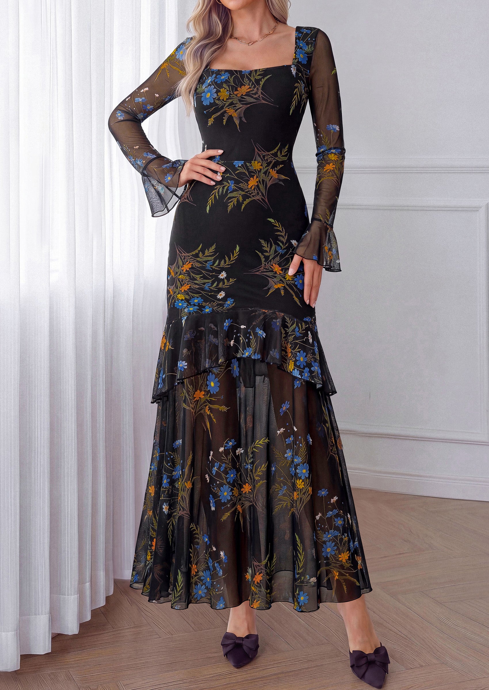 PRETTYGARDEN Womens Floral Long Sleeve Dress A Line Mesh Fall Maxi Dresses | Sheer Sleeve & Bell Cuffs, Lined, High Waist & Tiered Ruffle, Square Neck, Flowy Boho Dress, Cocktail Wedding Guest Dresses