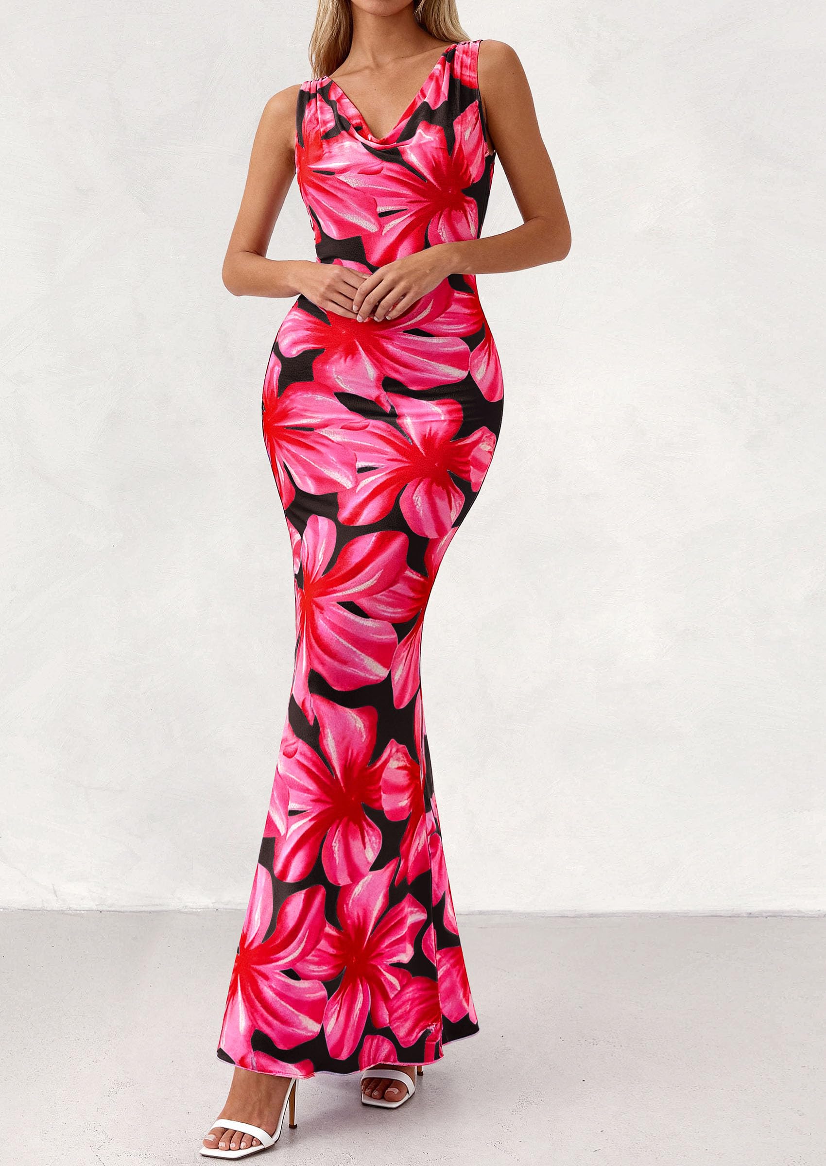 PRETTYGARDEN Women's Summer Cowl Neck Floral Maxi Dress Sleeveless Bodycon Beach Vacation Long Party Wedding Guest Dresses PRETTYGARDEN