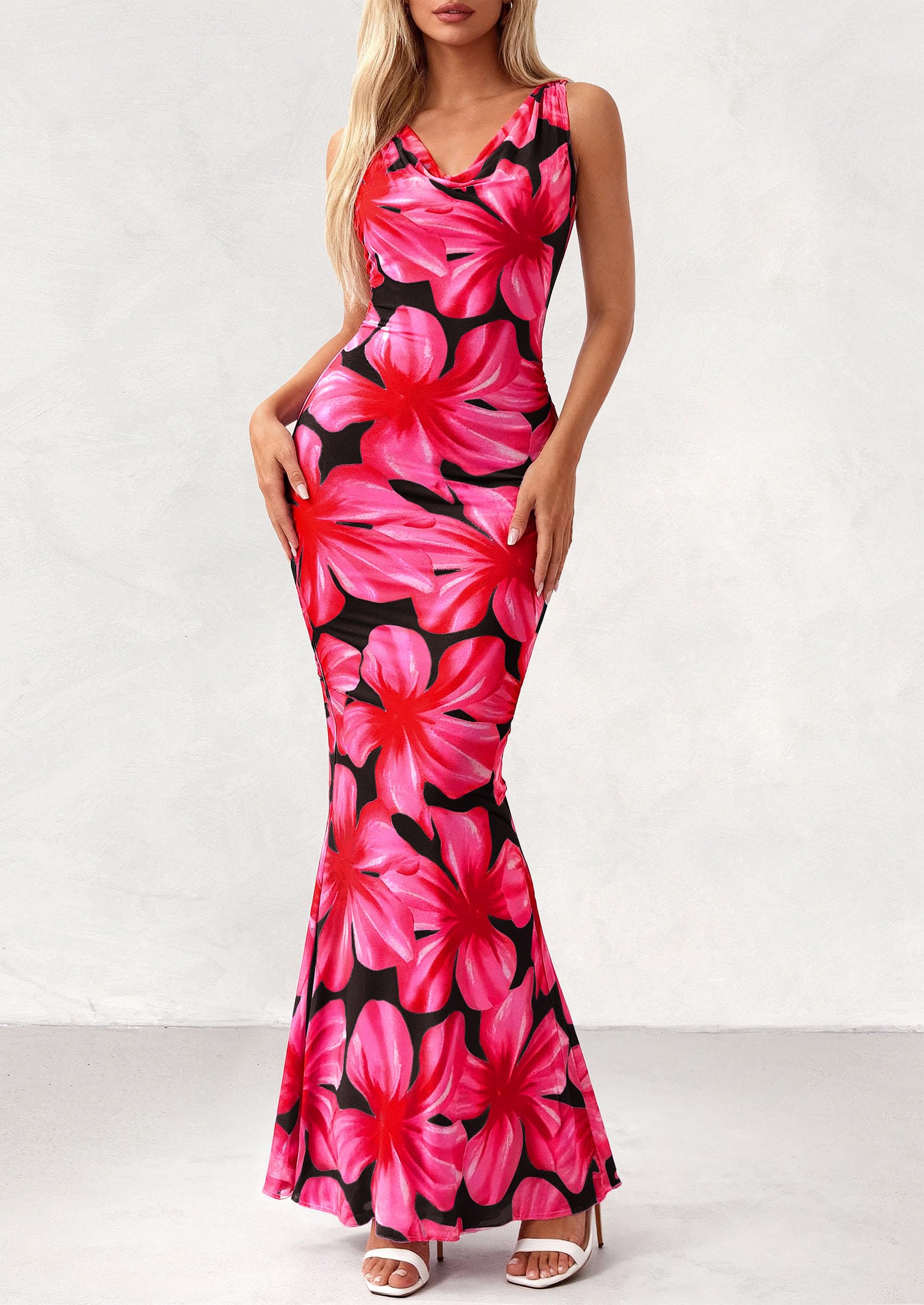 PRETTYGARDEN Women's Summer Cowl Neck Floral Maxi Dress Sleeveless Bodycon Beach Vacation Long Party Wedding Guest Dresses PRETTYGARDEN