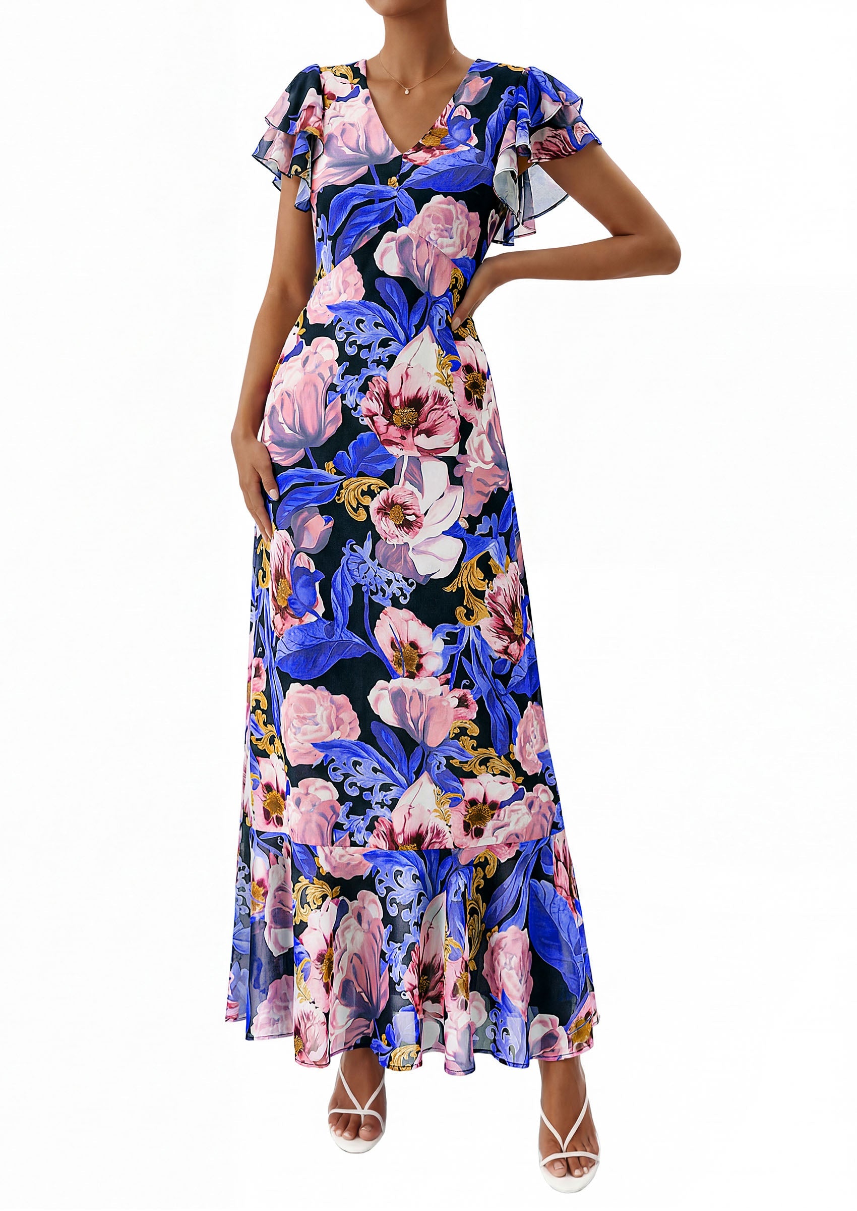 PRETTYGARDEN Wedding Guest Dresses for Women 2026 Spring Summer Short Sleeve Ruffle V Neck Floral Flowy Beach Maxi Long Dress PRETTYGARDEN