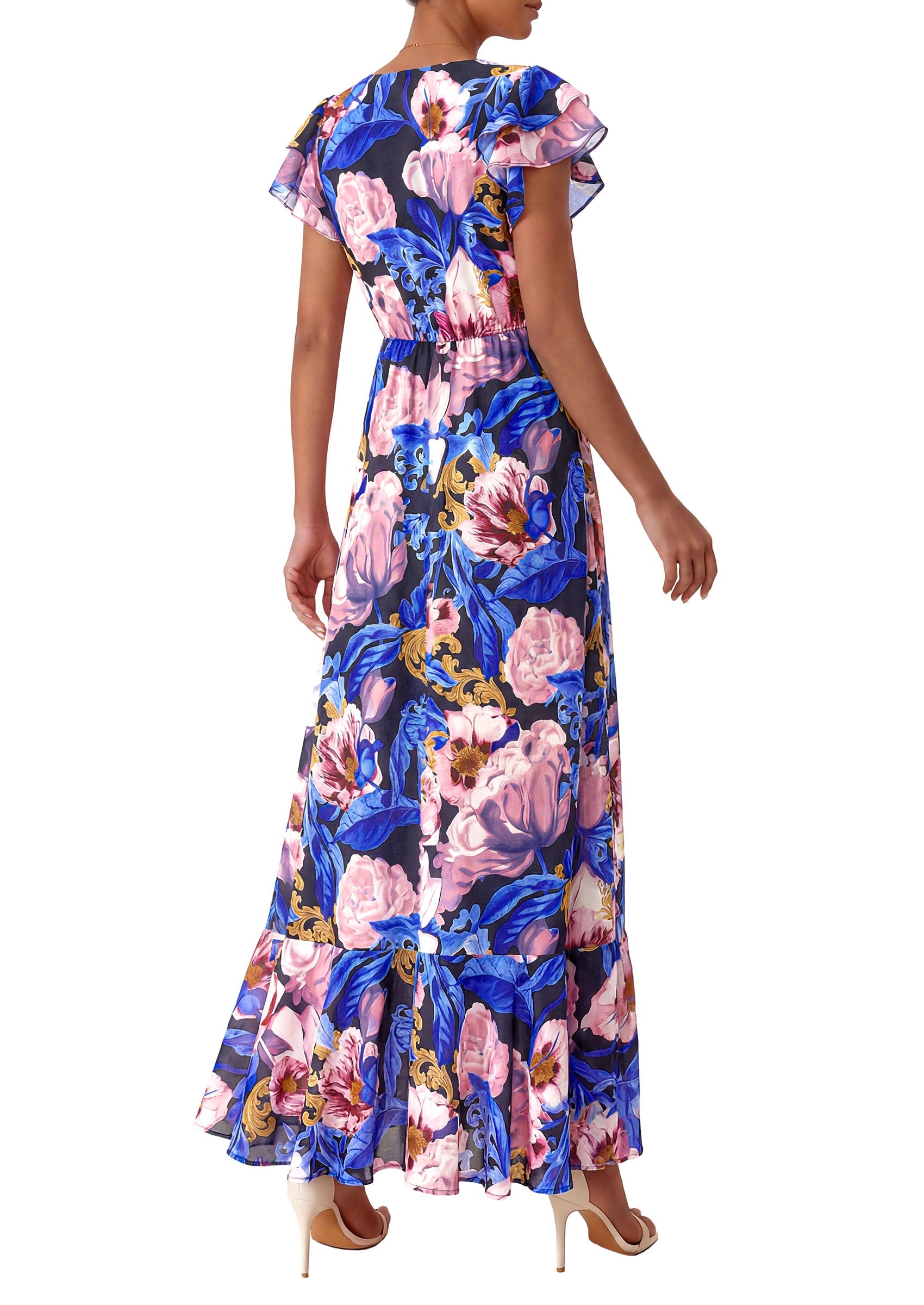 PRETTYGARDEN Wedding Guest Dresses for Women 2026 Spring Summer Short Sleeve Ruffle V Neck Floral Flowy Beach Maxi Long Dress PRETTYGARDEN
